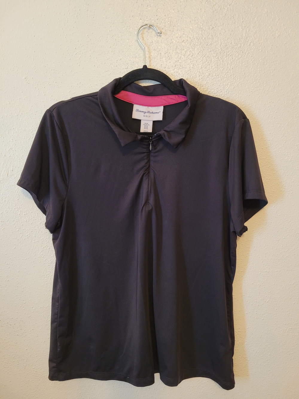 Tommy Bahama Black Women’s Short Sleeve Button Down Polo with Pink Neck Trim
